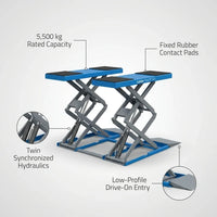 Automotive Scissor Lift Built for Professional Use, 5500kg Capacity, Twin Hydraulic System, Low Profile Design — infographic